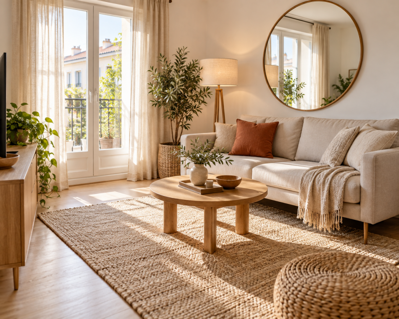 Helles kleines Wohnzimmer im modernen Boho-Stil mit beigem Sofa, rundem Holztisch und großem Spiegel.