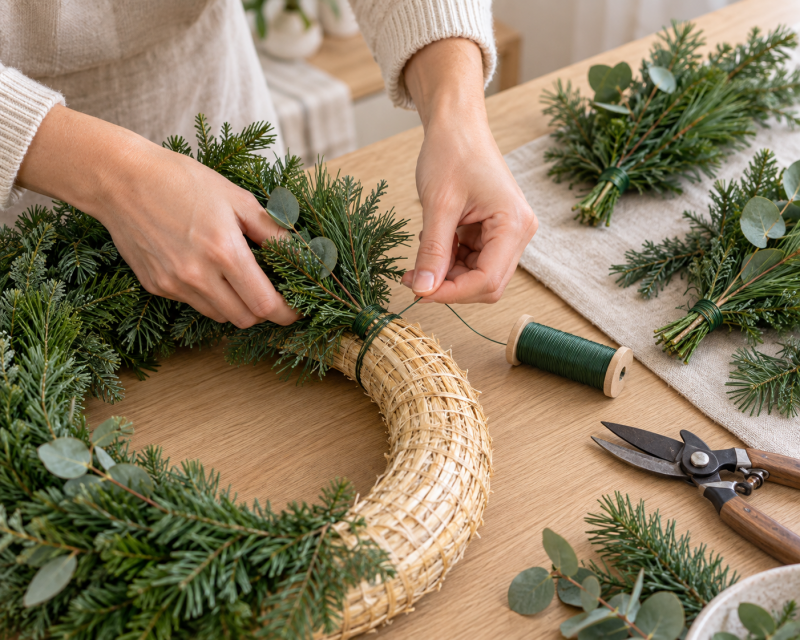 Tannengrün mit grünem Wickeldraht an einem Strohkranz für den Adventskranz befestigen