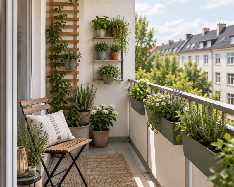 Kleiner Balkon mit platzsparenden Wandregalen, Rankgitter und bepflanzten Balkonkästen