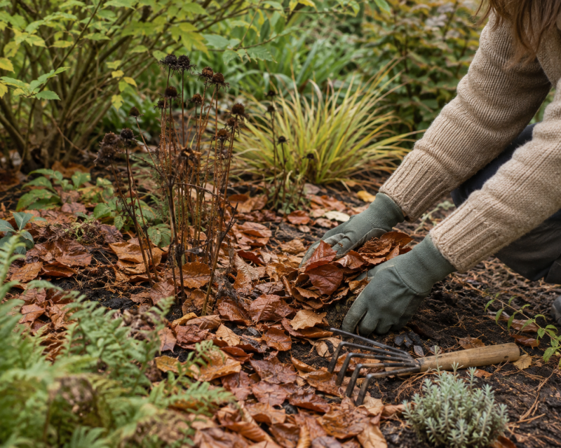 Herbstlaub wird als natürlicher Winterschutz zwischen Stauden und Gräsern im Garten verteilt