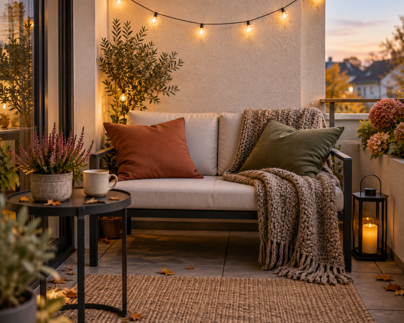 Gemütliche Sitzecke auf einer kleinen Herbstterrasse mit Kissen in Naturtönen, warmer Strickdecke, Heide, Laterne und warmweißer Lichterkette.