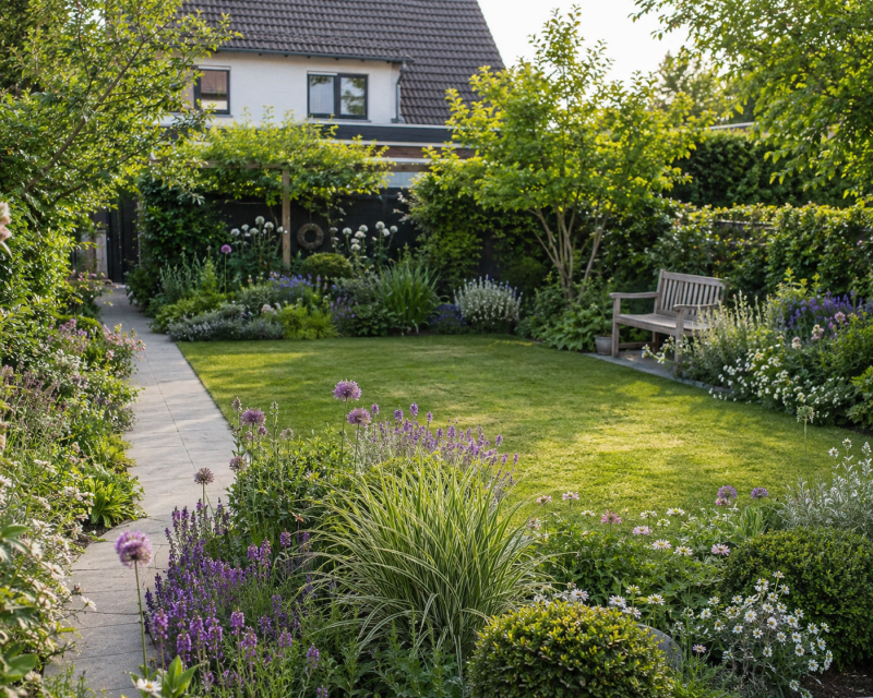 Pflegeleichter Garten mit klarer Rasenfläche, dicht bepflanzten Staudenbeeten, Gartenweg und Sitzbank