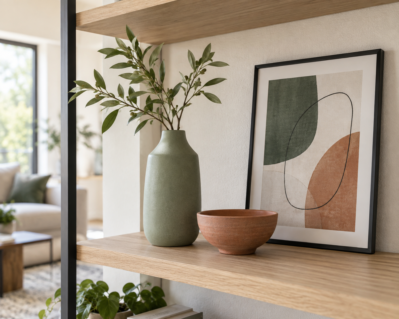 Harmonische Dekogruppe auf einem offenen Holzregal mit salbeigrüner Vase, Terrakottaschale und modernem Bild.