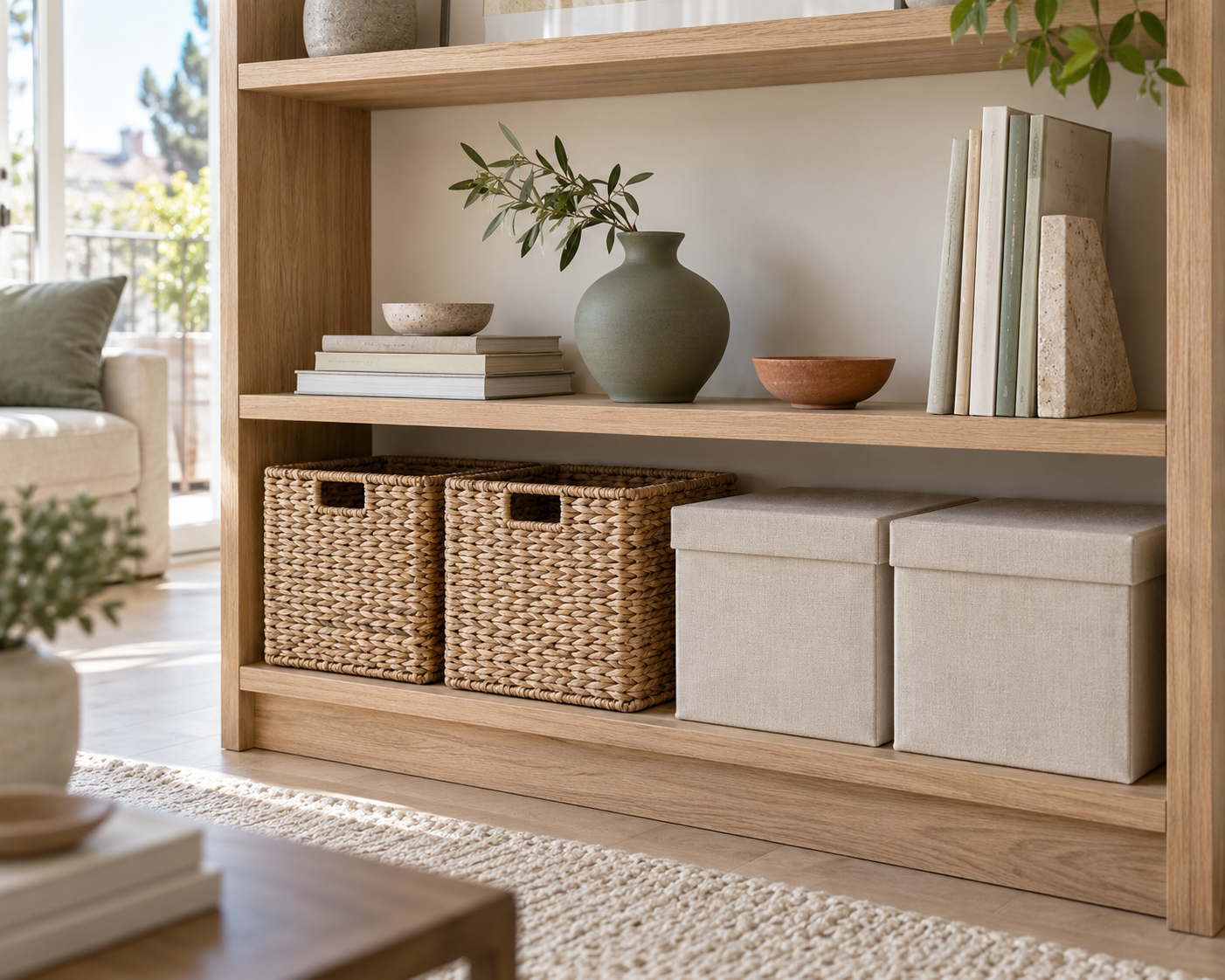Offenes Holzregal mit geflochtenen Körben und hellen Stoffboxen für eine praktische und stilvolle Aufbewahrung.