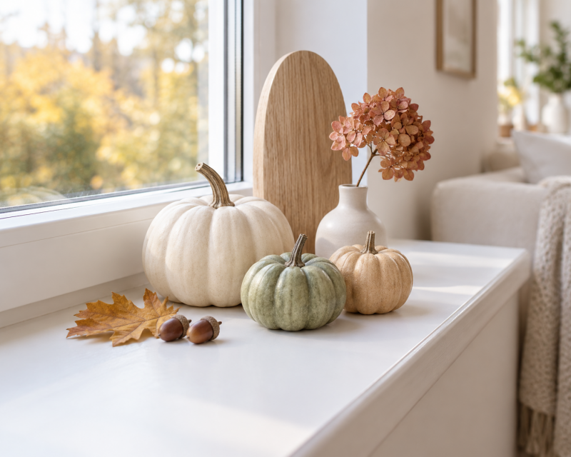 Moderne Kürbisdekoration in Creme, Beige und Salbeigrün auf einer hellen Fensterbank