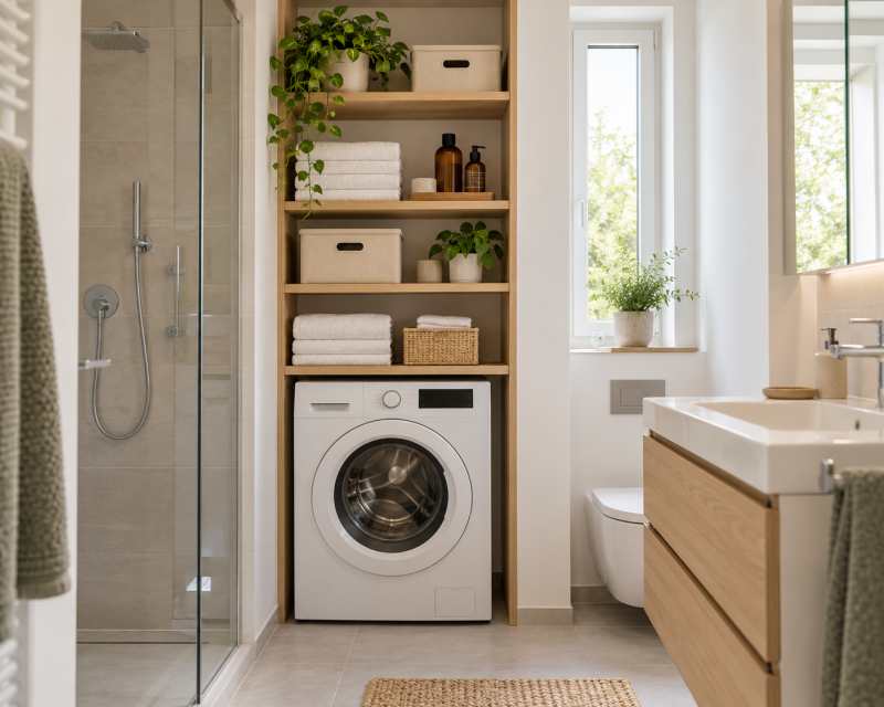 Kleines helles Badezimmer mit Waschmaschine und hohem Holzregal darüber für Handtücher, Aufbewahrungsboxen und Waschmittel.