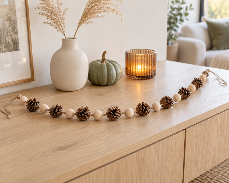Selbst gemachte Herbstgirlande aus Tannenzapfen und hellen Holzperlen