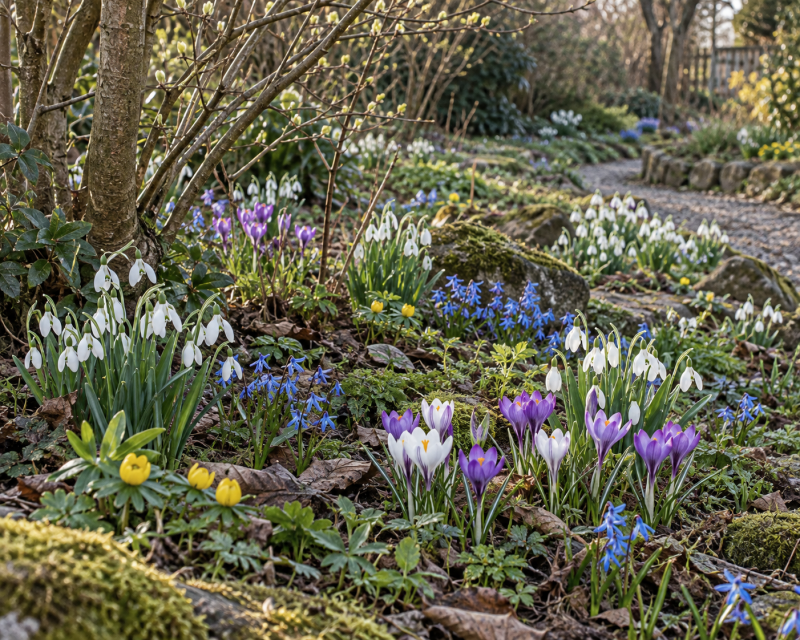 Natürlich verwilderte Schneeglöckchen, violette Krokusse, blaue Blausterne und gelbe Winterlinge unter lichten Gehölzen im Frühlingsgarten.