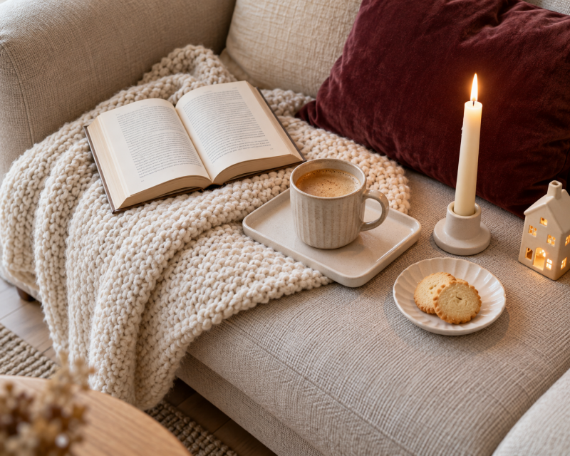 Gemütlicher Sofaplatz mit Kuscheldecke, Buch, Kaffee, Kerze, Weihnachtskeksen und kleinem Lichthaus.