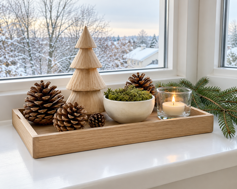 Weihnachtliche Fensterbank mit hellem Holztablett, Tannenzapfen, Holzbaum, Moosschale, Tannenzweig und Windlicht