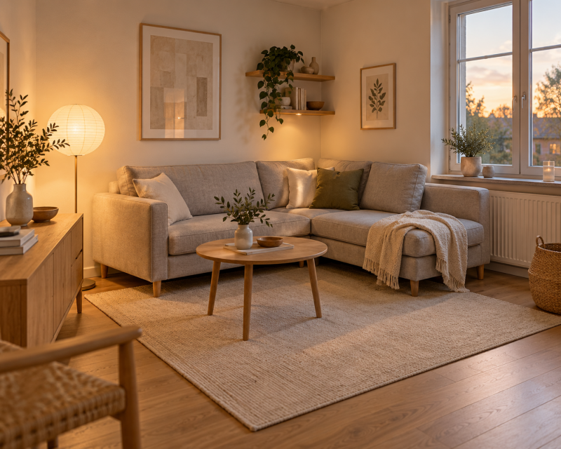 Kleines Ecksofa in einem quadratischen Wohnzimmer mit sichtbaren Füßen, rundem Couchtisch und freier Fensterfront.