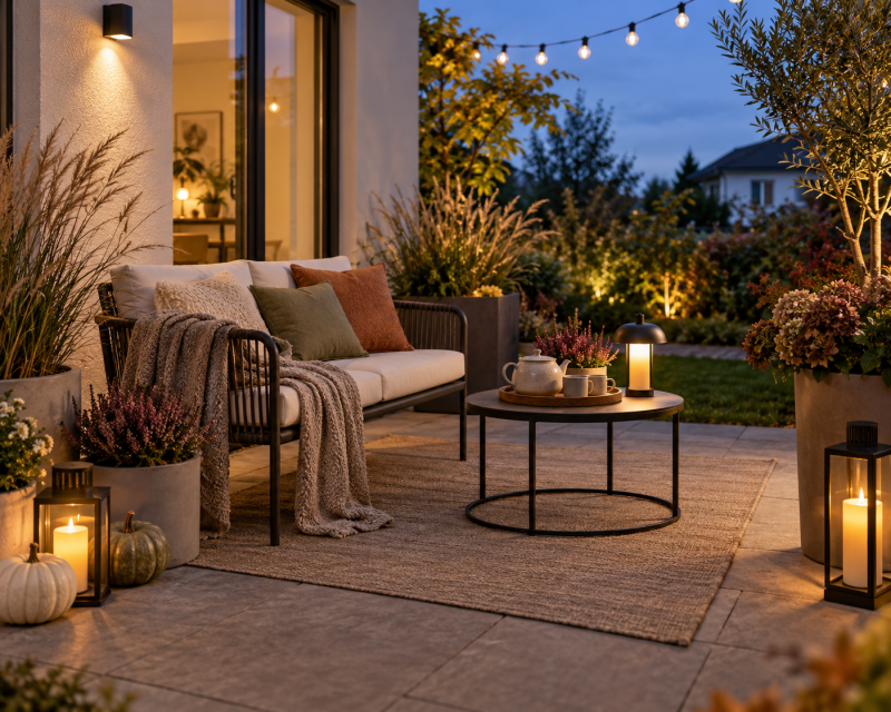 Kleine moderne Herbstterrasse am Abend mit gemütlicher Sitzecke, Decke, Outdoor-Teppich, Lichterkette, Laternen und warm beleuchtetem Teetisch