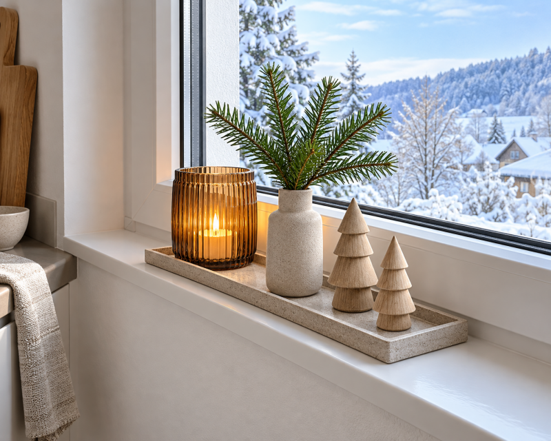Schmale Weihnachtsfensterbank mit länglichem Steintablett, bernsteinfarbenem Windlicht, kleiner Keramikvase mit Tannenzweigen und zwei Holzbäumen