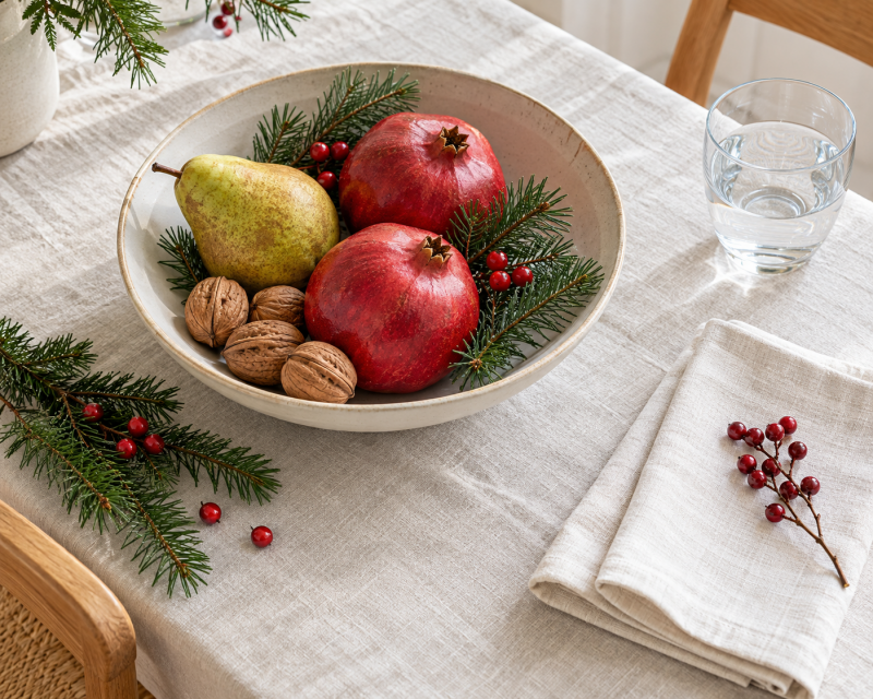 Natürliche Weihnachtstischdeko mit Granatäpfeln, Birne, Walnüssen, Tannengrün, Beeren und Leinenserviette.