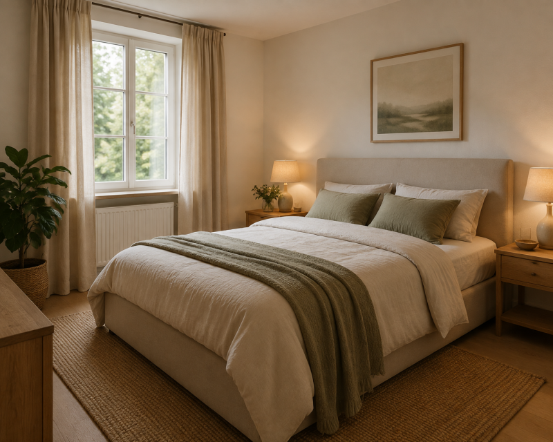 Gemütliches Schlafzimmer mit beigefarbenem Bett, sanfter Beleuchtung, Naturtönen und weichen Textilien