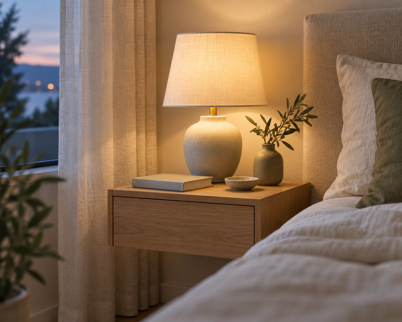 „Ruhig gestalteter Nachttisch aus Holz mit warmer Tischlampe, Buch und kleiner Vase neben einem gemütlichen Bett“