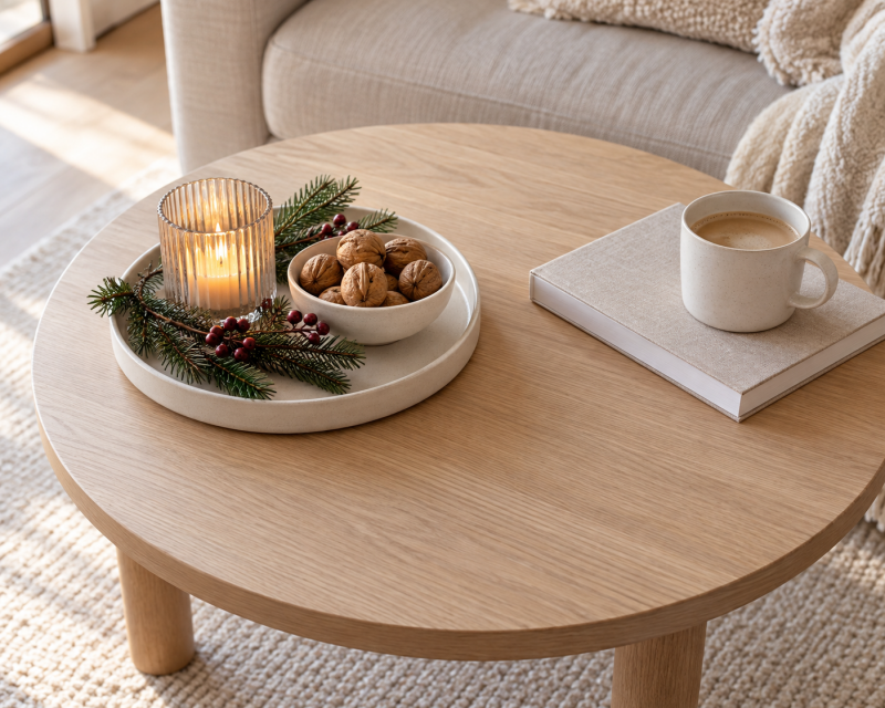 Runder Couchtisch aus hellem Holz mit Kerze, Nüssen, Tannenzweigen, Beeren, Kaffeetasse und freier Ablagefläche.