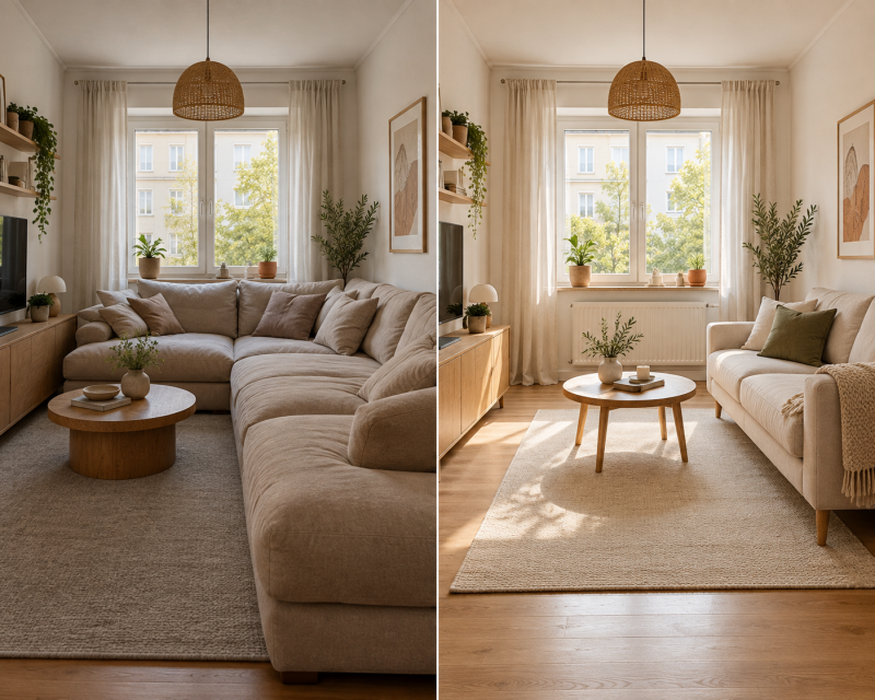 Vorher-Nachher-Vergleich eines kleinen Wohnzimmers: Links nimmt ein großes Ecksofa viel Platz ein, rechts wirkt der Raum mit einem kompakten Sofa, freiem Laufweg und hellem Teppich deutlich offener und gemütlicher.