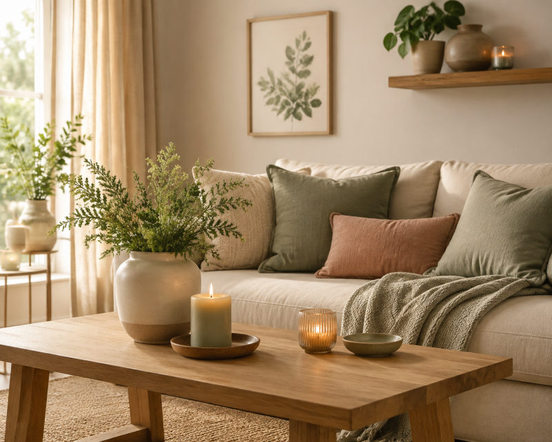 Gemütliches Wohnzimmer in Beige und Salbeigrün mit natürlichen Materialien und liebevoller Dekoration