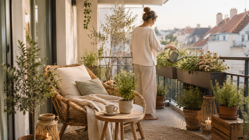 Frau gießt Pflanzen auf einem gemütlich eingerichteten Balkon mit Rattansessel, Holztisch und Laternen