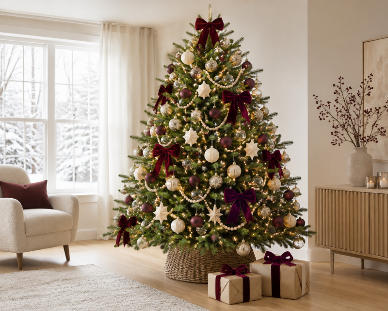 Eleganter Weihnachtsbaum mit burgunderroten Samtschleifen, cremefarbenen Kugeln, Glasornamenten und antikgoldener Dekoration