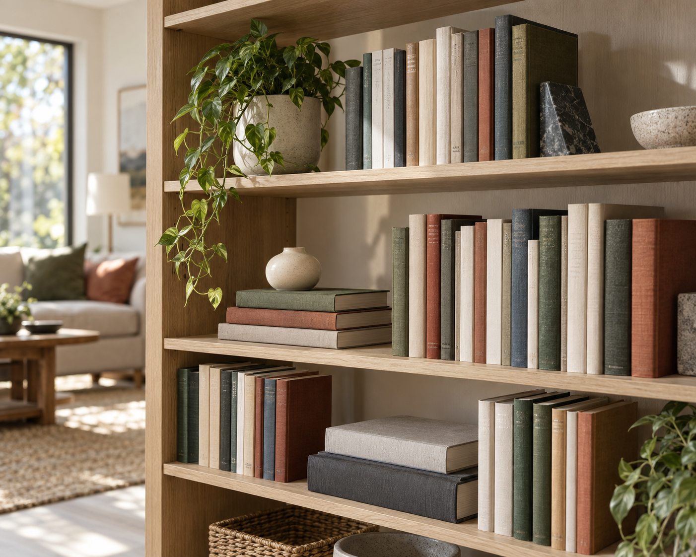 Offenes Bücherregal mit stehenden und liegenden Büchern, grüner Pflanze und schlichter Keramik.