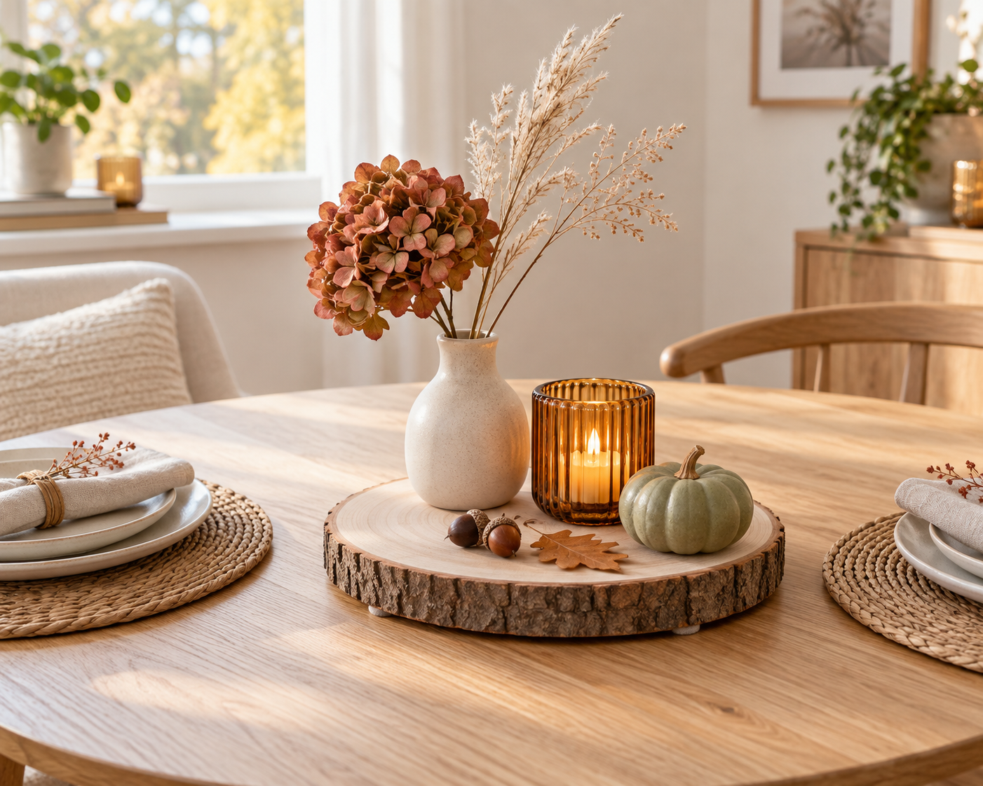 Platzsparende herbstliche Tischdeko auf einer Baumscheibe für einen kleinen runden Esstisch