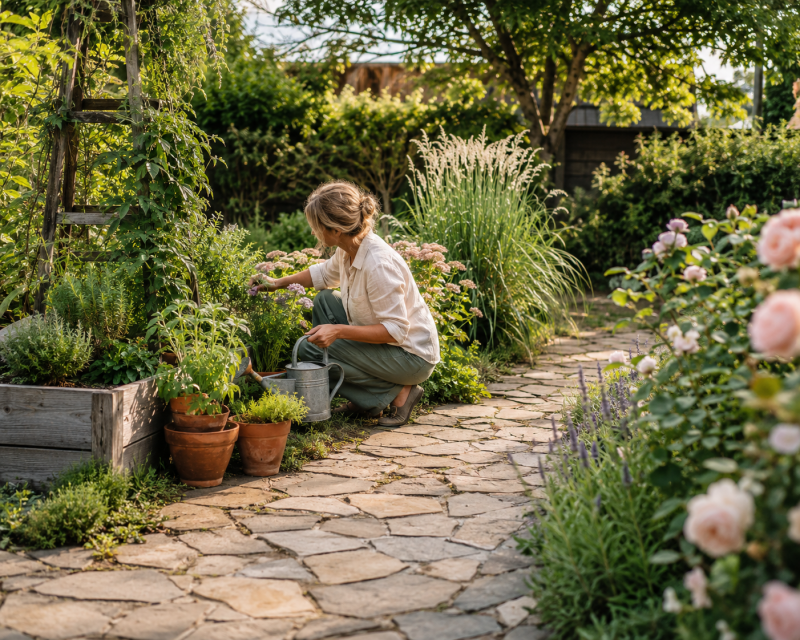 Frau bei der Gartenarbeit in einem liebevoll angelegten Garten mit Blumen, Kräutern und Natursteinweg