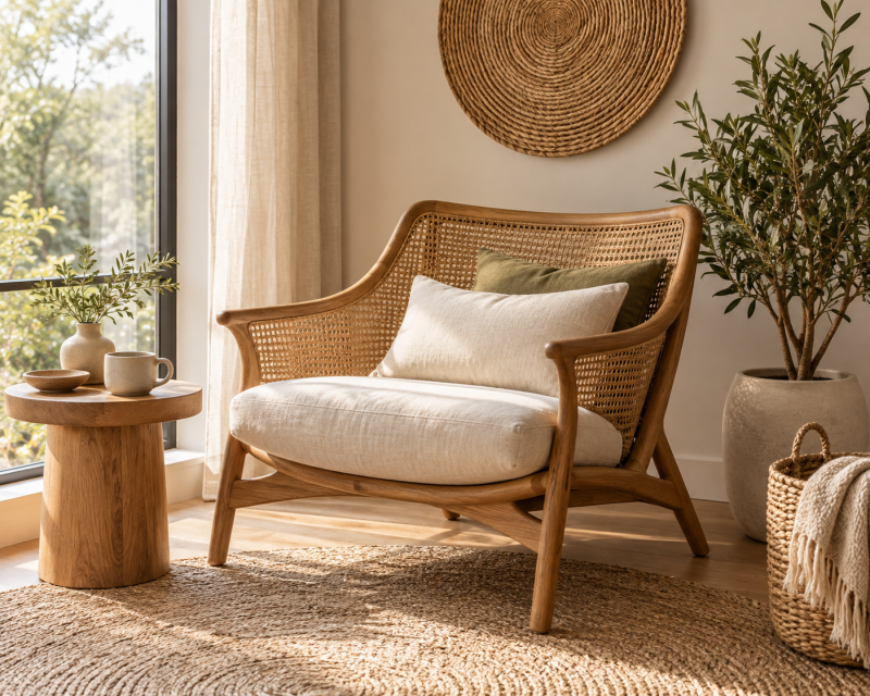 Gemütliche Boho-Leseecke mit Rattan-Sessel, Leinenkissen, Holztisch und Pflanzen.