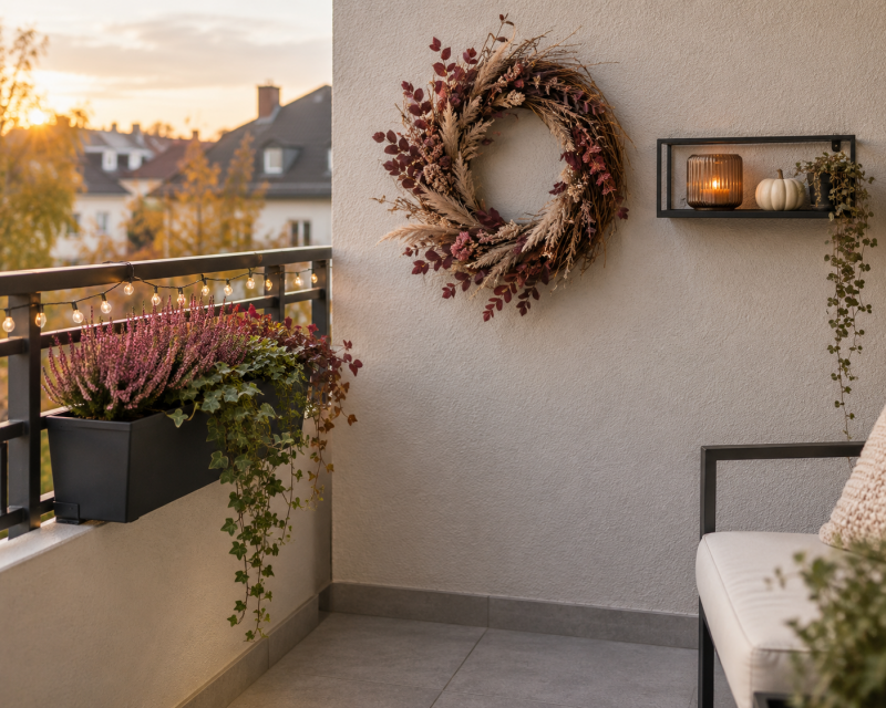 Kleine Terrasse mit modernem Herbstkranz, schmaler Wandablage, bepflanztem Geländerkasten und warmweißer Lichterkette.