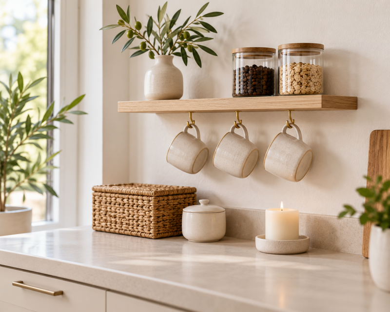Helles Holzregal über einer Kaffee Ecke mit Keramiktassen, Vorratsgläsern, Korb und Kerze in einer modernen Küche.