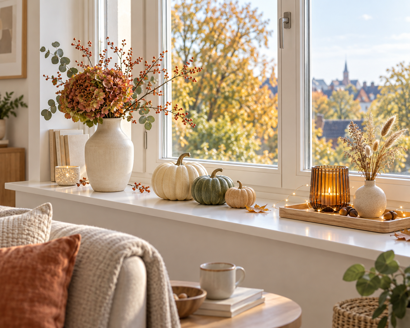 Modern herbstlich dekorierte Fensterbank mit Kürbissen, Trockenblumen, Windlichtern und warmen Lichtakzenten