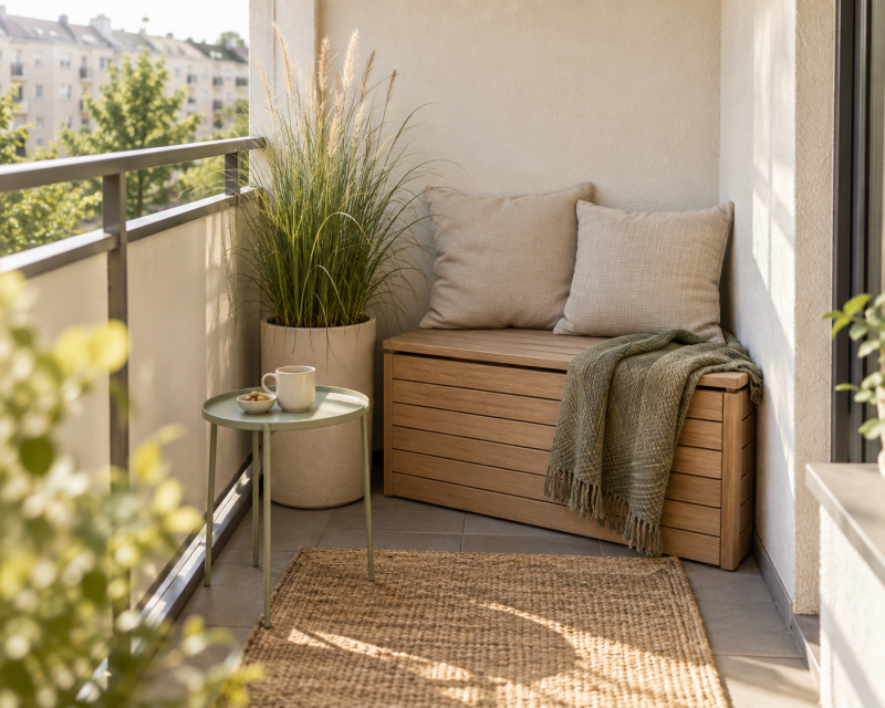 Platzsparende Sitzbank mit Stauraum und gemütlichen Kissen auf einem kleinen Balkon
