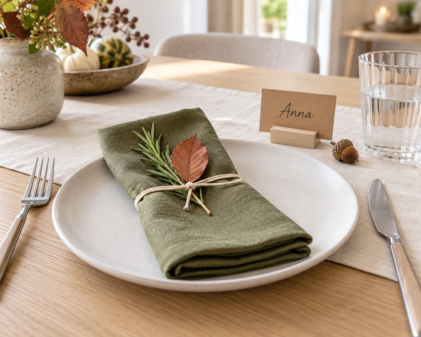 Olivgrüne Stoffserviette mit Juteschnur, Herbstblatt und Rosmarinzweig dekoriert