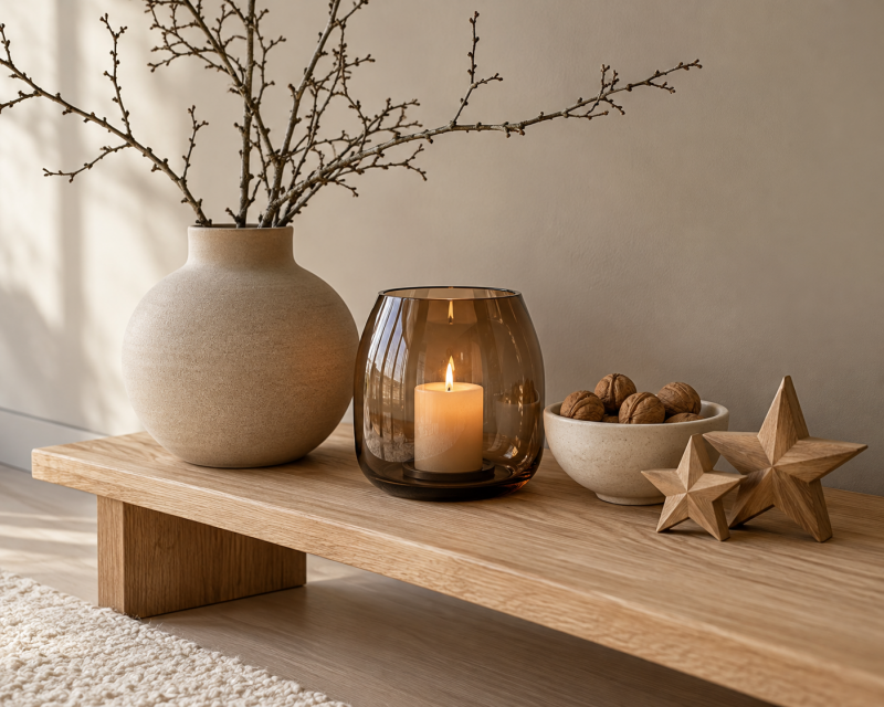 Weihnachtsdeko aus natürlichen Materialien mit Keramikvase, Winterzweigen, Glaslaterne, Nüssen und Holzsternen auf einer Bank.