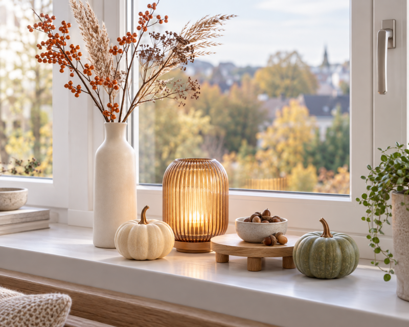 Moderne Fensterbankdeko mit hoher Vase, Amber-Windlicht, Holzsockel und kleinen Kürbissen