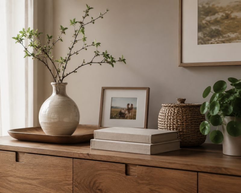 Wohnliche Dekoration auf einem Holzsideboard mit Keramikvase, Bilderrahmen, Büchern und Korb