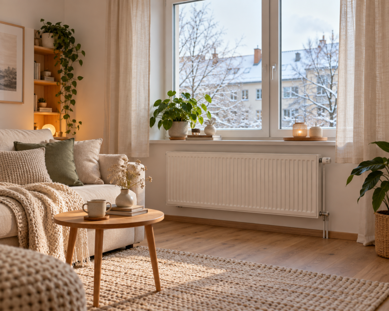 Helles, gemütliches Wohnzimmer mit freiem Heizkörper unter dem Fenster, Creme-Sofa, Holzmöbeln und winterlichem Ausblick.