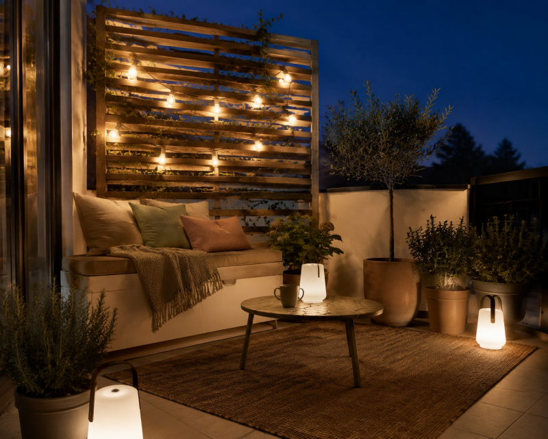 Kleine Terrasse am Abend mit warmer Lichterkette, LED-Laternen, Sitzbank und Outdoor-Teppich