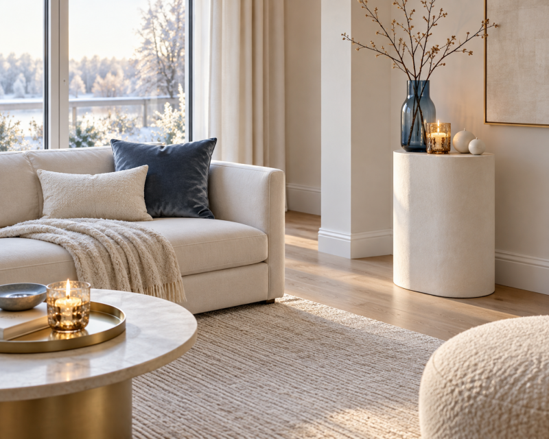 Kleines helles Wohnzimmer mit cremefarbenem Sofa, Rauchblau, Glas, Kerzen und sanften goldenen Akzenten.