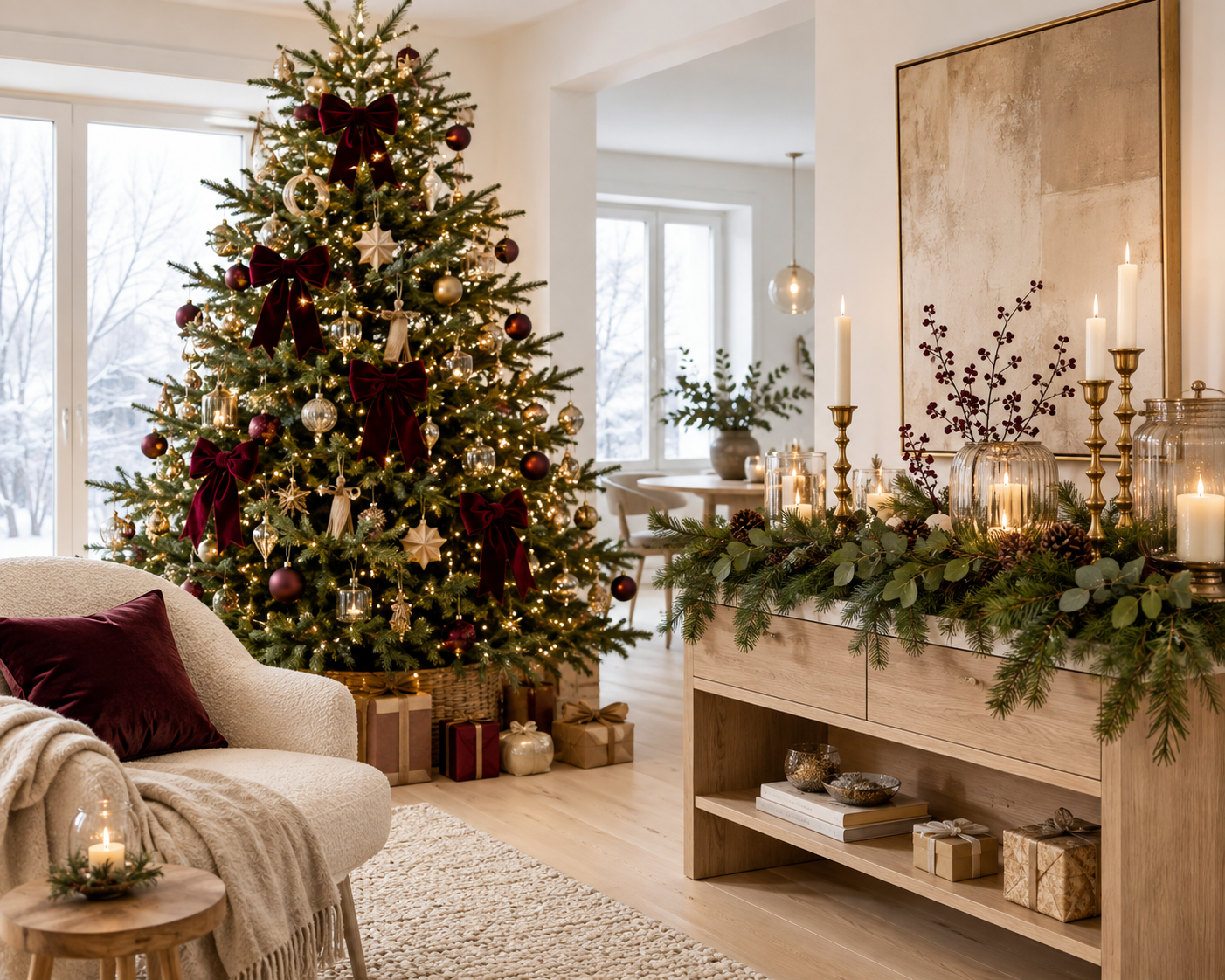 Moderner Weihnachtsbaum mit burgunderroten Samtschleifen, Glasornamenten und antikgoldener Dekoration in einem hellen Wohnzimmer
