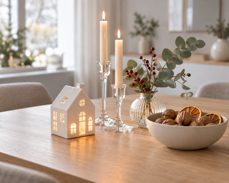 Weihnachtliche Tischdeko mit leuchtendem Keramik Lichthaus, Glas Kerzenhaltern, Eukalyptus, Beerenzweigen, Walnüssen und getrockneten Orangenscheiben.