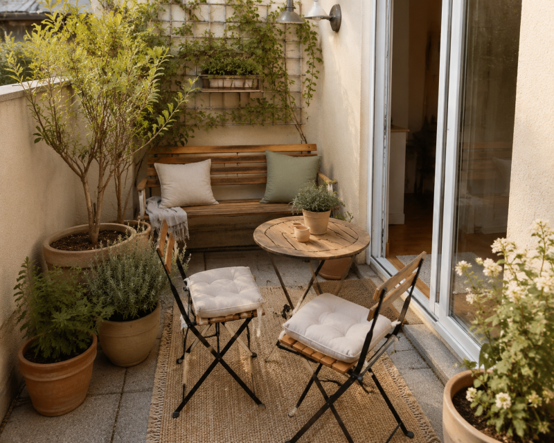 Kleine gemütliche Terrasse mit Klappmöbeln, Sitzbank, Outdoor-Teppich und natürlichen Pflanzgefäßen
