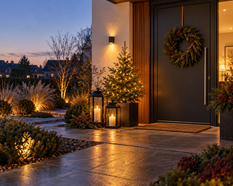 Modern beleuchteter Hauseingang zur Weihnachtszeit mit warmweißer Lichterkette, Naturkranz, Tannenbaum und schwarzen Laternen.