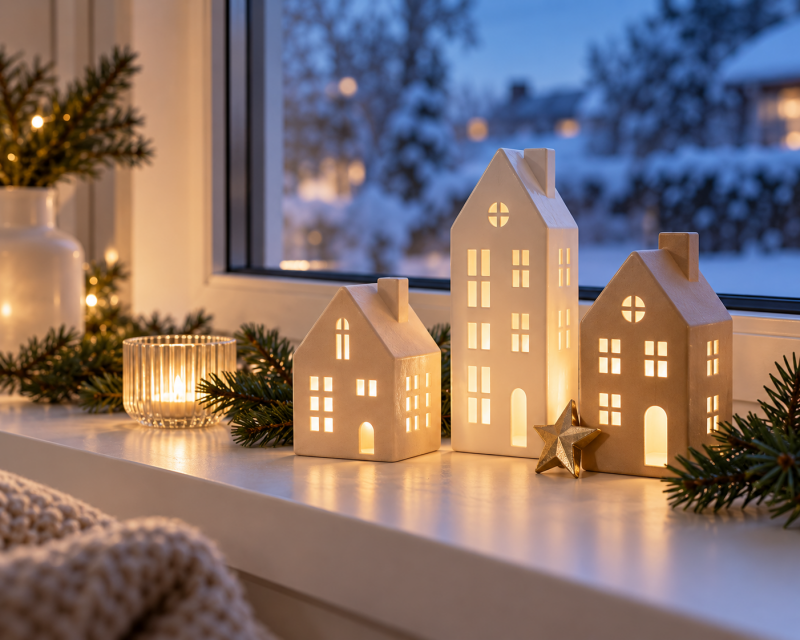 Leuchtende Keramik-Lichthäuser auf einer modern dekorierten Fensterbank mit Tannenzweigen, Glaswindlicht und goldenem Stern vor winterlichem Abendfenster.
