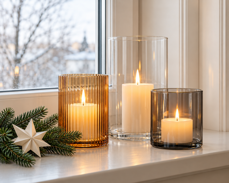 Drei unterschiedlich hohe Glaswindlichter mit warmem Kerzenlicht, Tannenzweigen und Papierstern auf einer modernen Weihnachtsfensterbank.