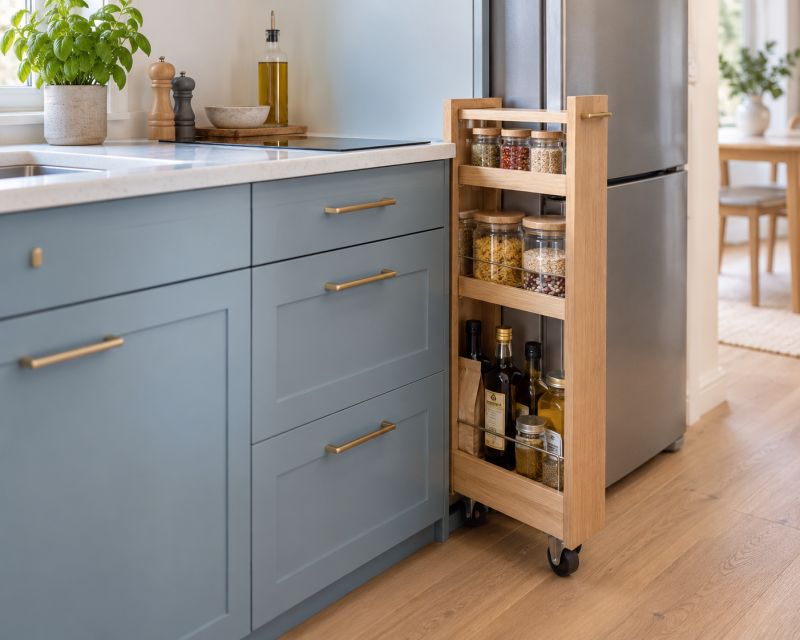 Kleine moderne Küche mit schmalem ausziehbarem Rollregal zwischen Küchenschrank und Kühlschrank für Vorräte und Gewürze.