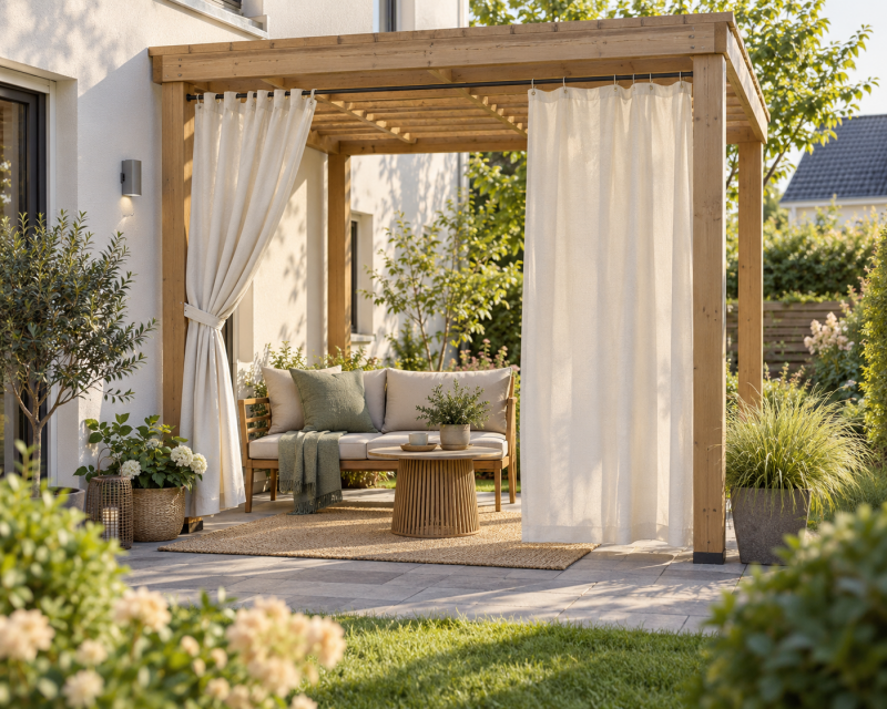 Helle Outdoor-Vorhänge an einer Holzpergola als flexibler Sichtschutz für die Gartensitzecke