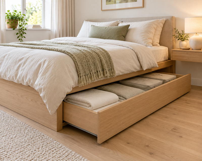 Helles kleines Schlafzimmer mit modernem Holzbett und großer geöffneter Schublade unter dem Bett für Bettwäsche und Aufbewahrungstaschen.