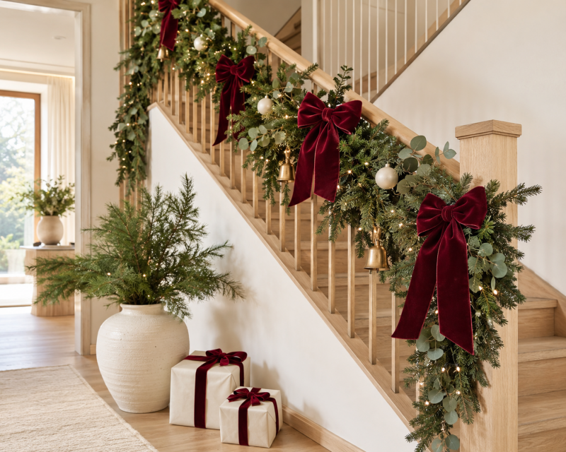 Helle Holztreppe mit üppiger Tannengirlande, burgunderroten Samtschleifen, warmen Lichtern und cremefarbenen Weihnachtskugeln